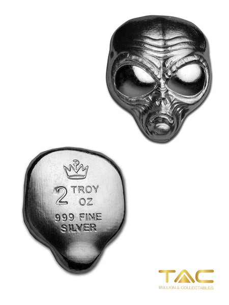 2 oz Hand Poured Silver Bullion - Alien Head (w/Custom Pouch)