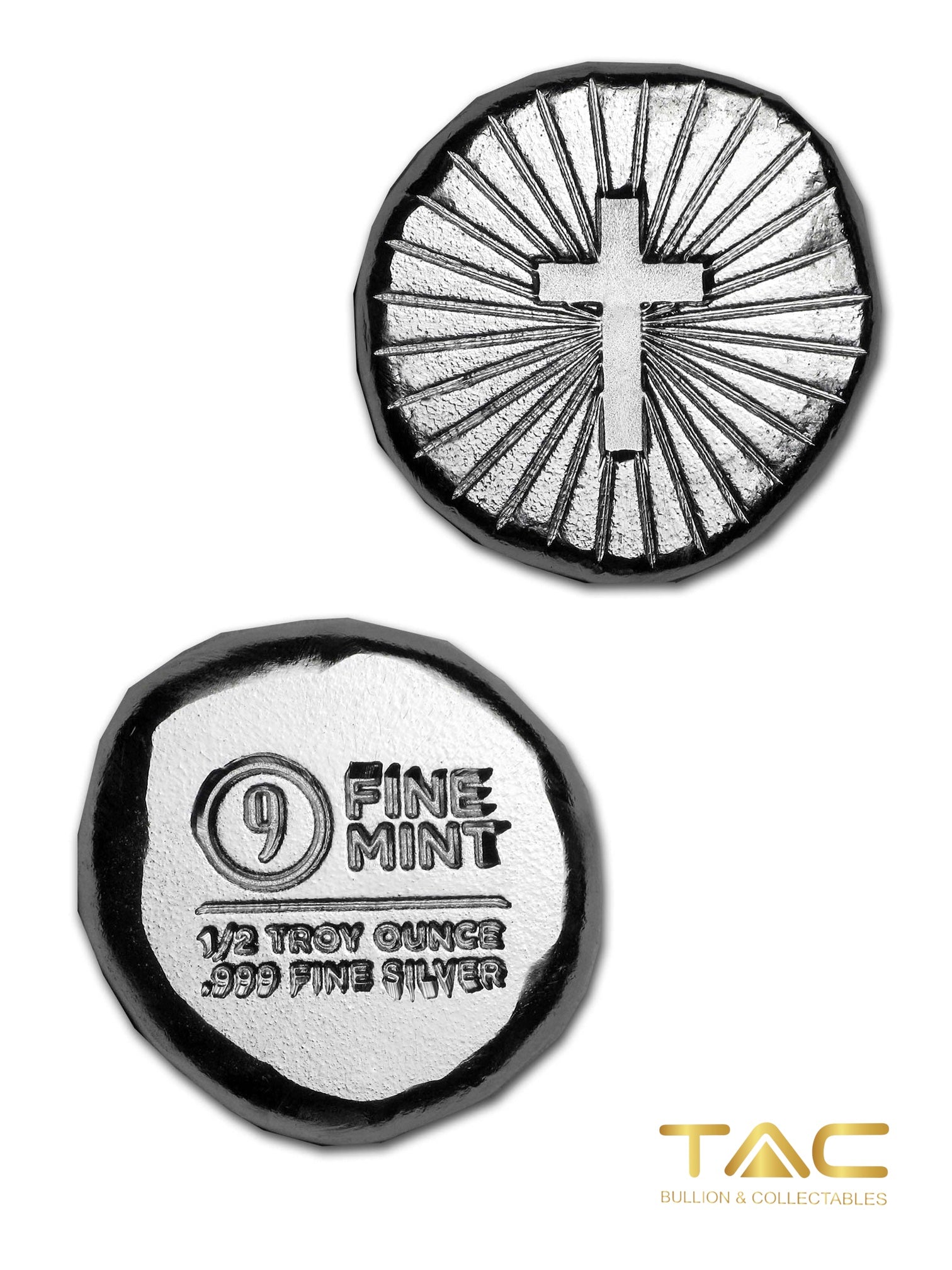 1/2 oz Hand Poured Silver Bullion Cross - Lucky Pieces - 9Fine Mint